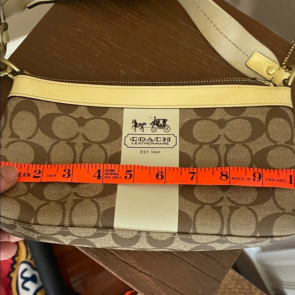 Coach Brown Signature Canvas Shoulder Bag with Cream Stripe